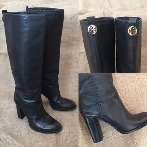 Tory Burch Black Leather Heeled Tall Boots 8.5